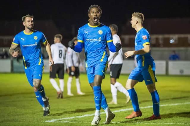 Maniche Sani celebrates his goal for Peterborough Sports against Hednesford. Photo: James Richardson.
