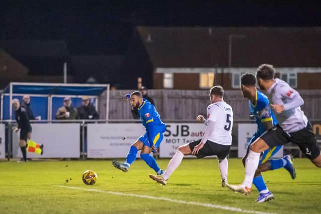 Josh McCammon scores for Peterborough Sports against Hednesford. Photo: James Richardson.