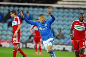 Dwight Gayle celebrates a goal for Posh against Middlesbrough in 2012.