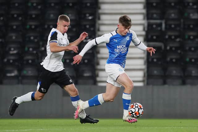 Gabe Overton in action for Posh Youths at Derby. Photo: Joe Dent/theposh.com.