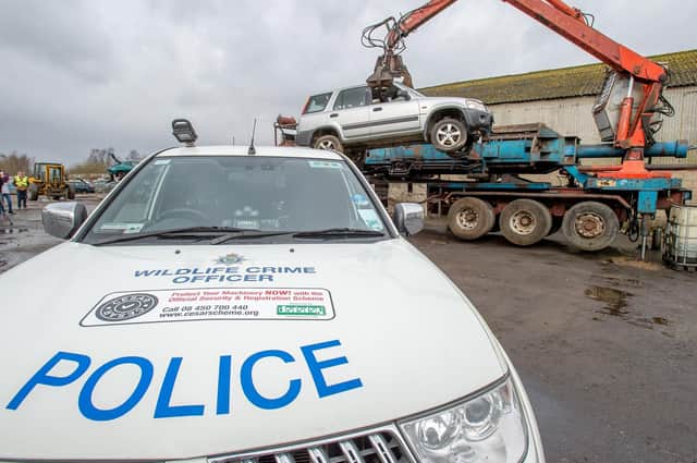 Lincolnshire Police and the farming community demonstrate they mean business to illegal hare coursers by crushing a car seized recently in the south of the county.
