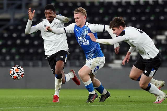 Kellan Hickinson in action for Posh Youths at Derby County. Photo: Joe Dent/theposh.com.