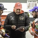 Peterborough Panthers team boss with two of his golden oldies Scott Nicholls (left) and Chris Harris (right). Photo: Ian Charles.