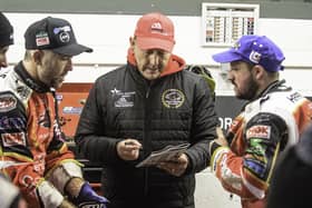 Peterborough Panthers team boss with two of his golden oldies Scott Nicholls (left) and Chris Harris (right). Photo: Ian Charles.