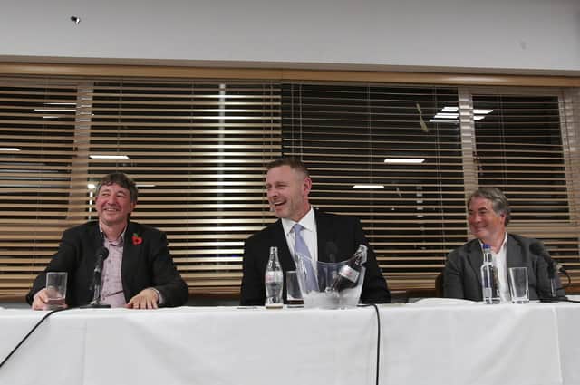 Posh co-owners, from left, Dr Jason Neale, Darragh MacAnthony and Stewart 'Randy' Thompson.