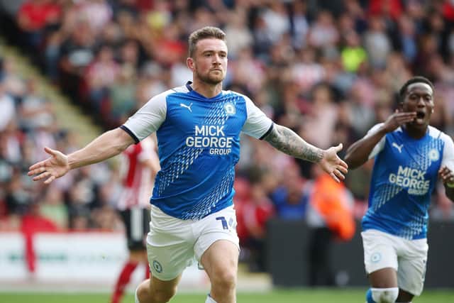 Jack Marriott celebrates his goal for Posh at Sheffield United earlier this season. Photo: Joe Dent/theposh.com.