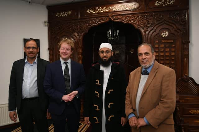 MP for Peterborough Paul Bristow attending a surgery  at the Masjid Khadijah Mosque, Cromwell Road with Vice Chair of the Mosque Mohammed Rangzeb, Imam Mahood Hassan Koli and Cllr Gul Nawaz.