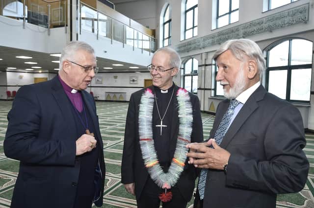 Archbishop of Cantebury Justin Welby visiting Peterborough   at Faizan-e-Madina mosque with Bishop of Peterborough  Rt Revd. Donald Allister meeting mosque chairman Abdul Choudhuri EMN-190804-205153009