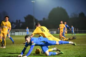 Josh Moreman is brought down to earn Peterborough Sports a penalty against Nuneaton. Photo: James Richardson.