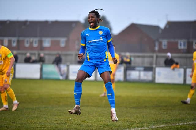 Maniche Sani celebrates a goal for Peterborough Sports against Nuneaton.  Photo: James Richardson.