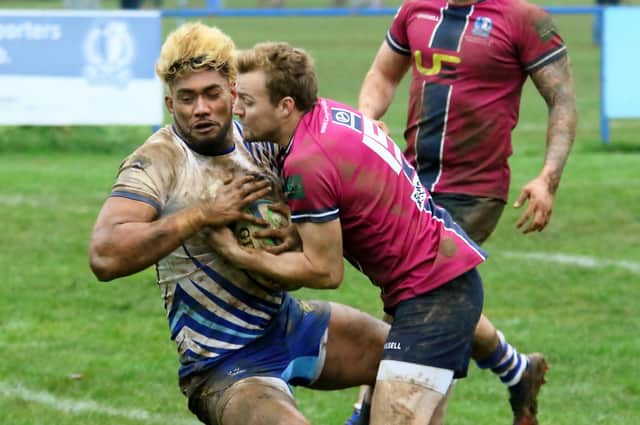 Katilmoni Tuipolotu (left) scores a try for Peterborough Lions at Kettering. Photo: Mick Sutterby.