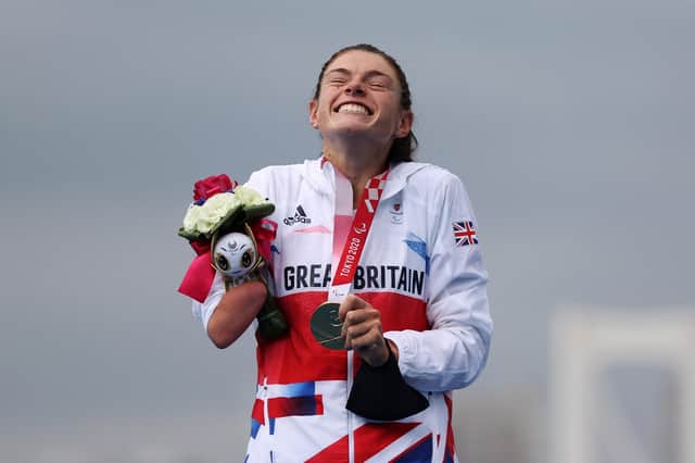Lauren Steadman after receiving her gold medal at the Tokyo Paralympics. Photo: Alex Pantling/Getty Images.