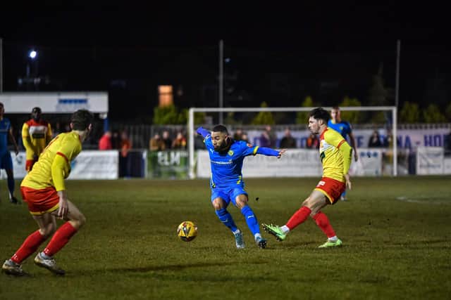 Josh McCammon on the ball for Peterborough Sports against Banbury. Photo: James Richardson.