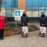Glenn and Harsh visit Peterborough City Hospital to drop off the presents.