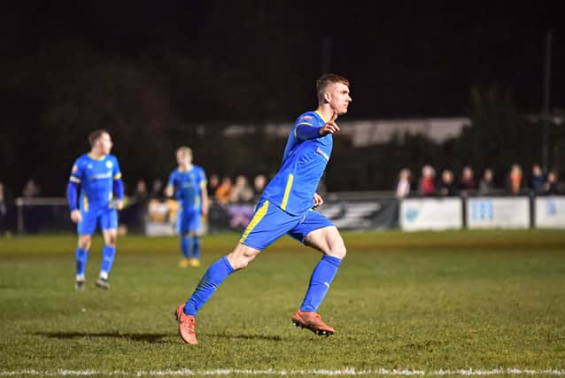 Dan Jarvis celebrates his goal in a 3-2 home defeat at the hands of Banbury United last week. Photo: James Richardson.