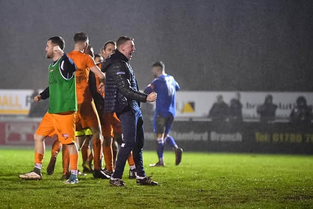 Yaxley celebrate victory at Stamford. Photo: James Richardson.
