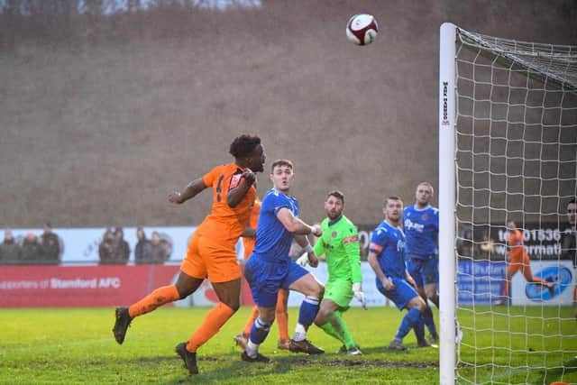 Hameed Ishola of Yaxley headed this chance over the bar at Stamford. Photo: James Richardson.