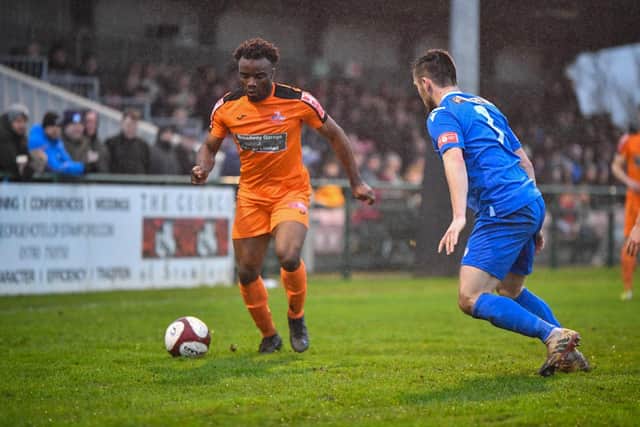 Hameed Ishola (left) in action for Yaxley at Stamford. Photo: James Richardson.