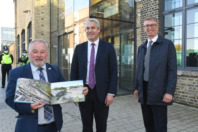 Minister for the Cabinet Office Steve  Barclay MP visiting the Fletton Quays site with PCC leader Wayne Fitzgerald and Nick Davy, a Government property agency director.