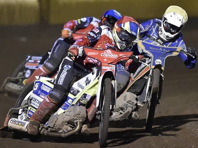 Speedway action from the East of England Arena.