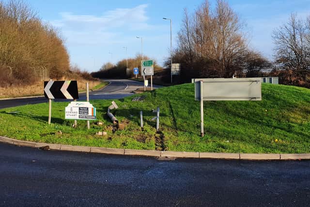 The damage caused to the roundabout on the A1139/Peterborough Road.