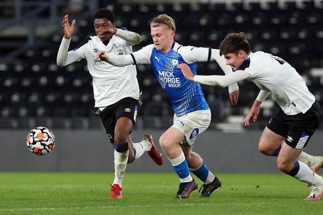 Kellan Hickinson in action for Posh in their FA Youth Cup win at Derby. Photo: Joe Dent/theposh,com.