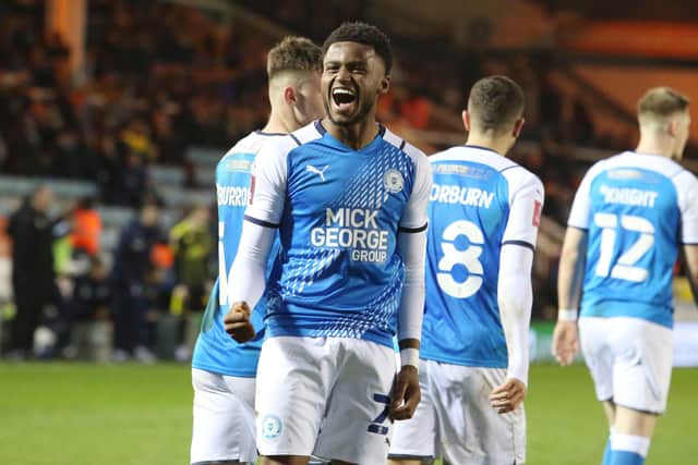 Bali Mumba of Peterborough United celebrates scoring the winning goal against Bristol Rovers. Photo: Joe Dent/theposh.com.