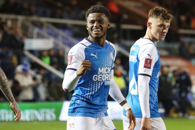 Bali Mumba of Peterborough United celebrates his winning FA Cup goal against Bristol Rovers.