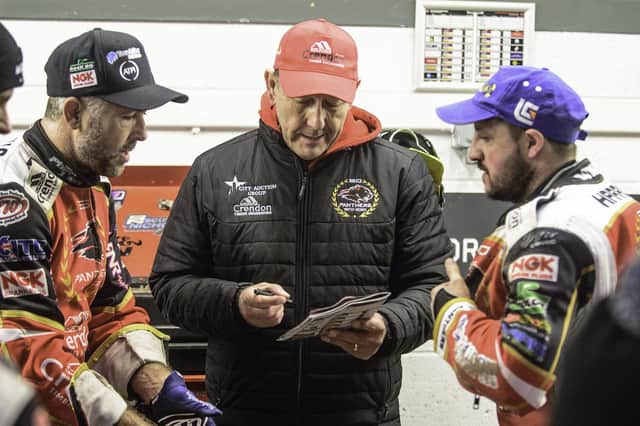 Panthers skipper Scott Nicholls (left) with team manager Rob Lyon and teammate Chris Harris. Photo: Ian Charles.
