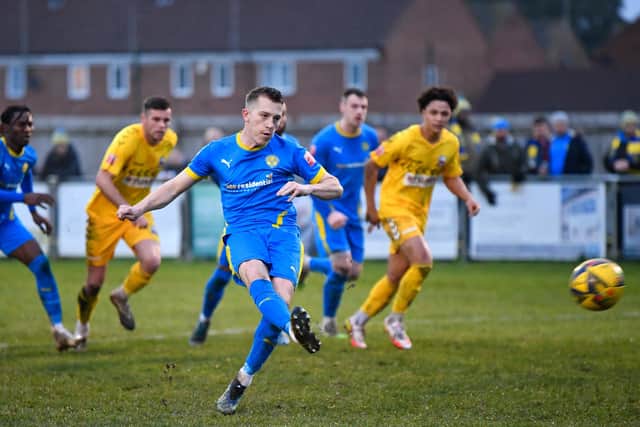 Dan Lawlor scored a penalty for Peterborough Sports at Barwell. Photo: James Richardson.