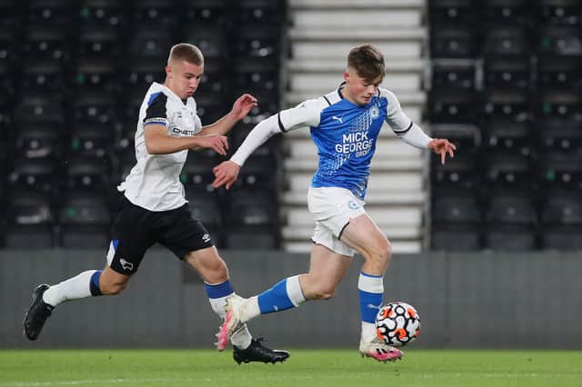 Gabe Overton in action for Posh in their FA Youth Cup win at Derby. Photo: Joe Dent/theposh.com.
