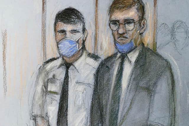 Court artist sketch by Elizabeth Cook of James Watson (right), appearing in the dock at the Old Bailey in London,