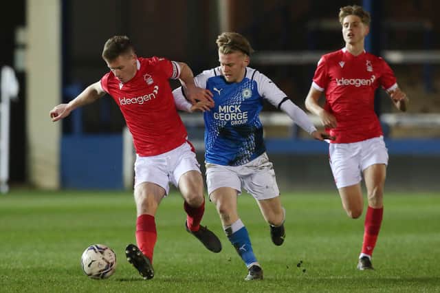 Kellan Hickinson in action for Posh against Nottingham Forest in the FA Youth Cup. Photo: Joe Dent/theposh.com