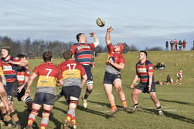 Borough's Sam Cowles (right) contests a lineout against Old Northamptonians. Photo: David Lowndes.