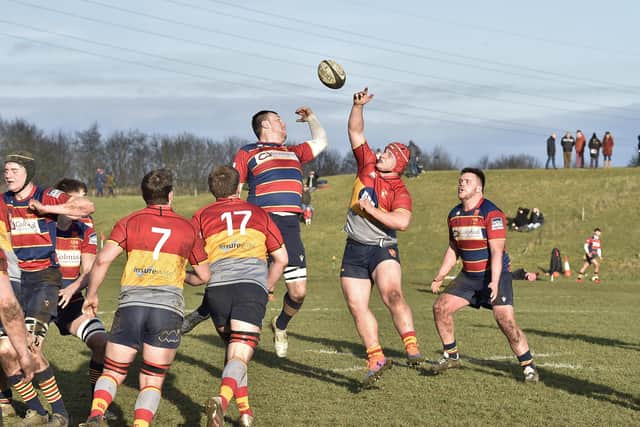 Borough's Sam Cowles (right) contests a lineout against Old Northamptonians. Photo: David Lowndes.