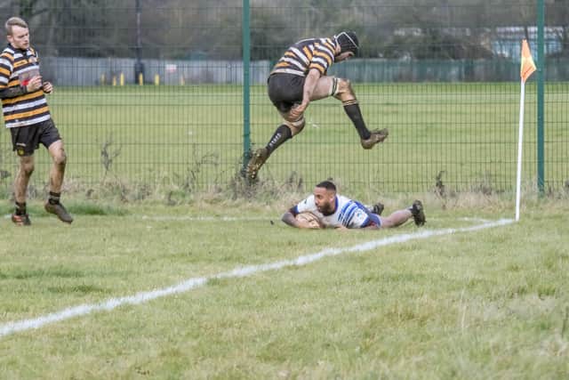 Reece Kenton touches down for Lions against Oadby. Photo: Mick Sutterby.