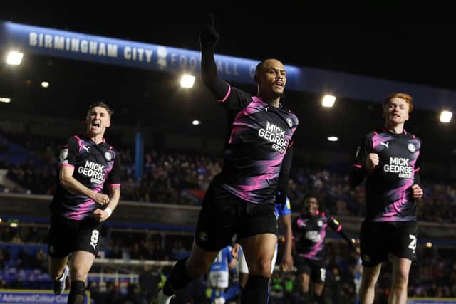 Jonson Clarke-Harris of Peterborough United celebrates his goal against Birmingham City. Photo: Joe Dent/theposh.com.