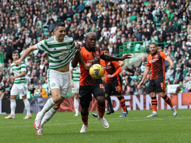 Jeando Fuchs in action for Dundee United against Celtic. Photo: Ian MacNicol/Getty Images).