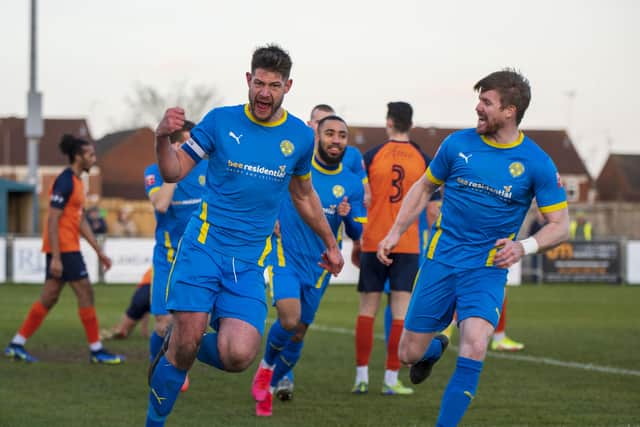 Richard Jones (left) celebrates his goal for Peterborough Sports against Stratford. Photo: James Richardson.