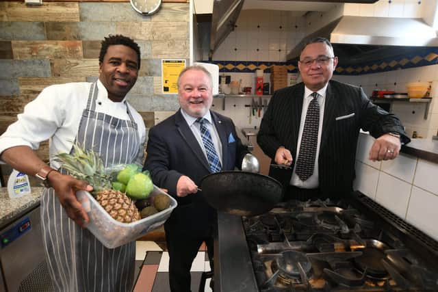 Nick Rutta from the Embe restaurant with Gez Chetal, director of Prismstart.org and Cllr Wayne Fitzgerald at the lauch of Prismstart.
