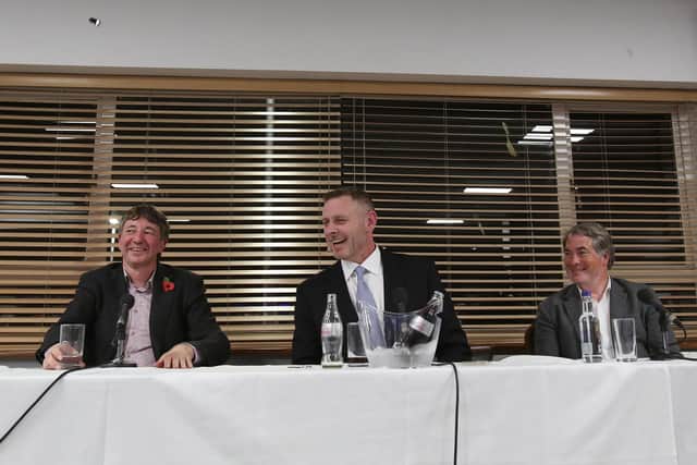 The Posh co-owners, from left, Dr Jason Neale, Darragh MacAnthony and Stewart 'Randy' Thompson.