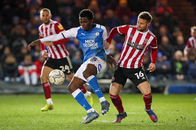 Kwame Poku in action for Posh against Sheffield United on Saturday. Photo: Joe Dent/theposh.com.