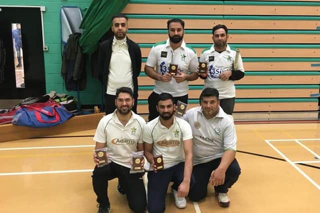 Hunts & Peterborough Indoor Cricket League runners-up AK 11, back row, left to right,  Sham Khan, Moin Khan, Muhammad Shabir, front, Mohammad Zahid Nadeem, Sudheer Jafeer and Ansar Hussain.