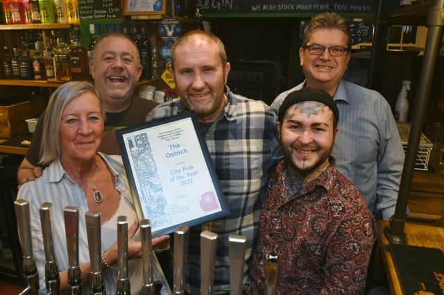 The Ostrich, in North Street,  rewarded with the CAMRA City Pub of the Year award, presented  by Dickie Bird to Alan Edwards, Sue Minto, Graham Finding and David Reeve-Shillito.