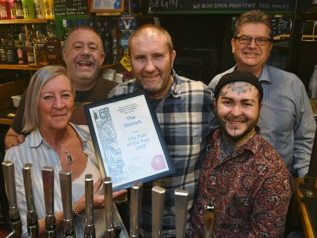 The Ostrich, in North Street,  rewarded with the CAMRA City Pub of the Year award, presented  by Dickie Bird to Alan Edwards, Sue Minto, Graham Finding and David Reeve-Shillito.