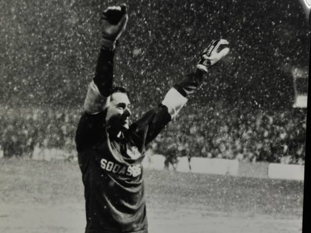 Stand-in Posh goalkeeper Martin Pike celebrates the third round FA Cup win over Leeds United in January, 1986.