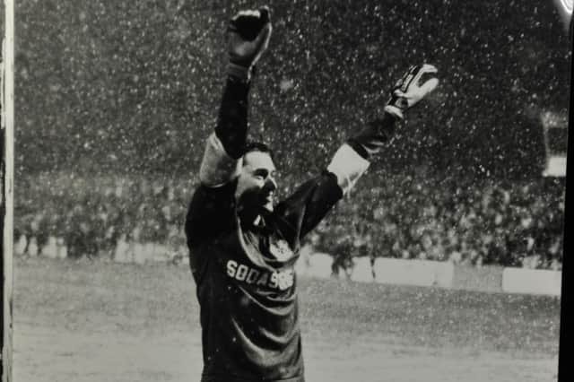 Stand-in Posh goalkeeper Martin Pike celebrates the third round FA Cup win over Leeds United in January, 1986.