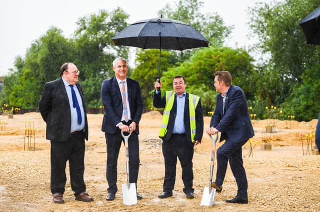 From left Cllr Chris Boden, leader of Fenland District Council, Steve Barclay, MP for North East Cambridgeshire, Martin Lawrence, Commercial Director, Stainless Metalcraft, and Mayor Dr Nik Johnson getting construction started on the new centre in August 2021.