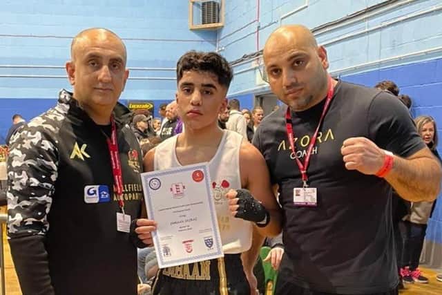 Imraan Shirazi with coaches Akif Shirazi (left) and Hamed Javed.
