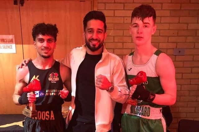 Top Yard’s Mohammed Moosa-Ali (left) and opponent Cory Arnold with current professional and former Olympian Qais Ashfaq who presented the trophies.